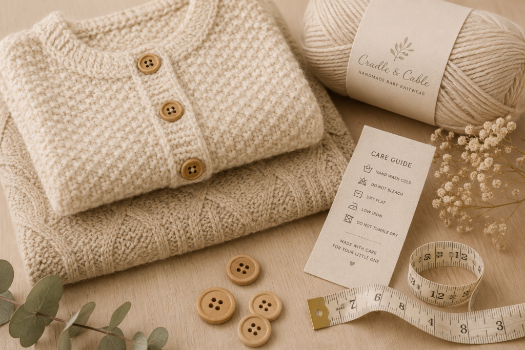 Baby knitwear sizing and care guidance from Cradle and Cable