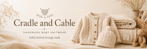 Cradle and Cable handmade baby knitwear banner with cream cable-knit baby cardigan, matching hat, blanket and teddy bear