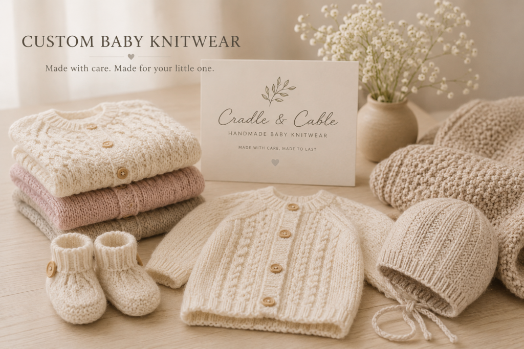 Custom baby knitwear handmade by Cradle and Cable