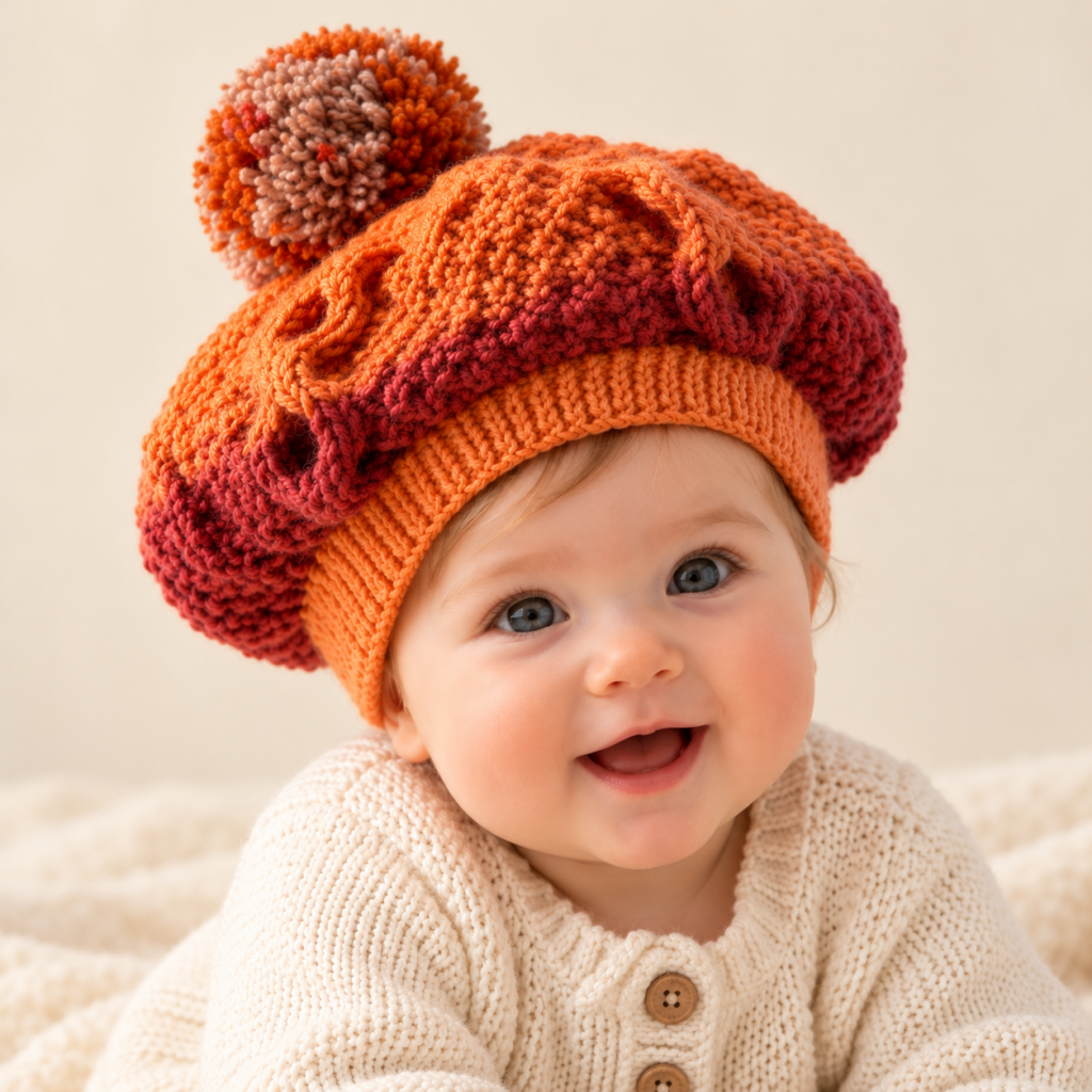 Baby wearing an autumn orange and burgundy cable knit beret with a multicoloured pompom and cream knitted cardigan.