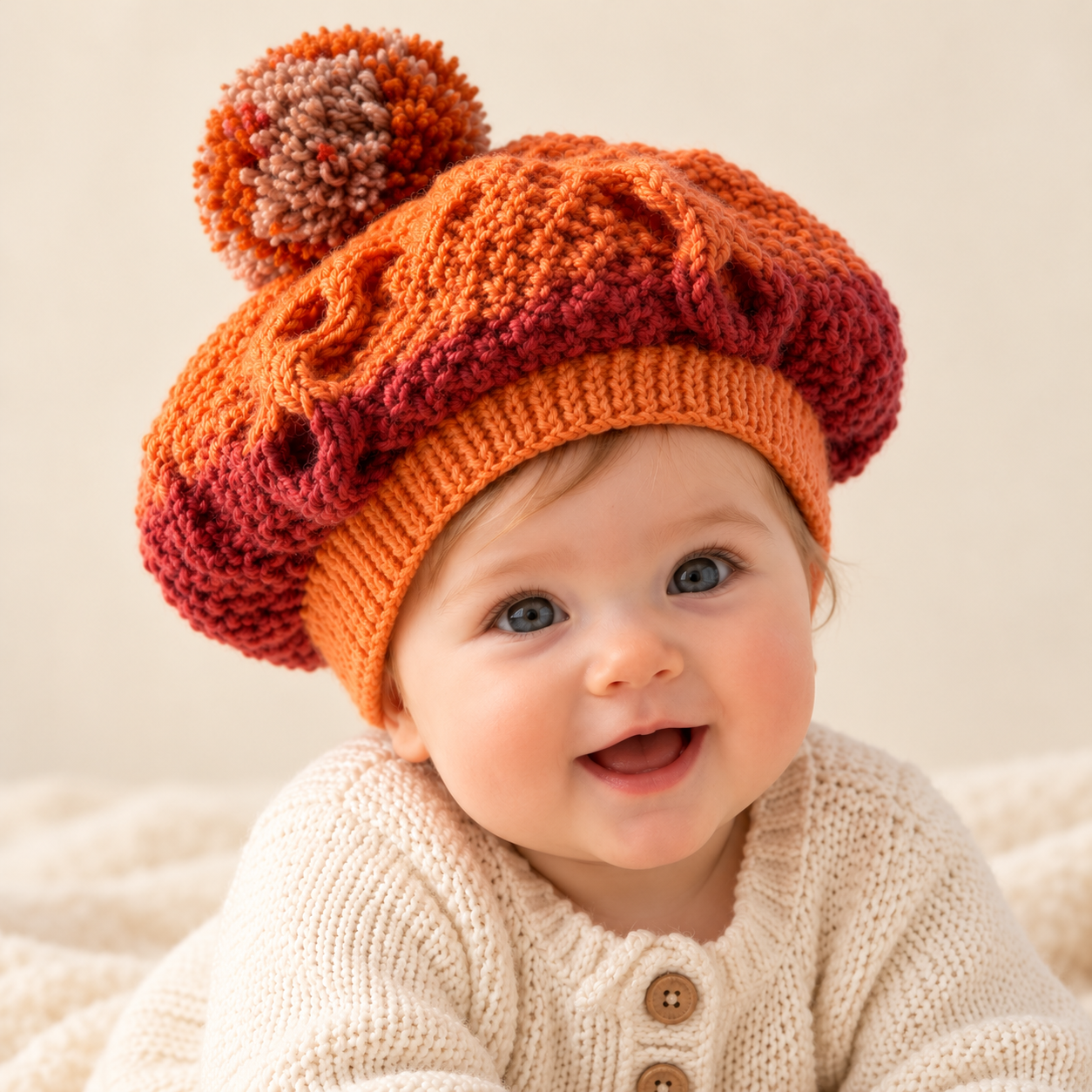 Baby wearing an autumn orange and burgundy cable knit beret with a multicoloured pompom and cream knitted cardigan.