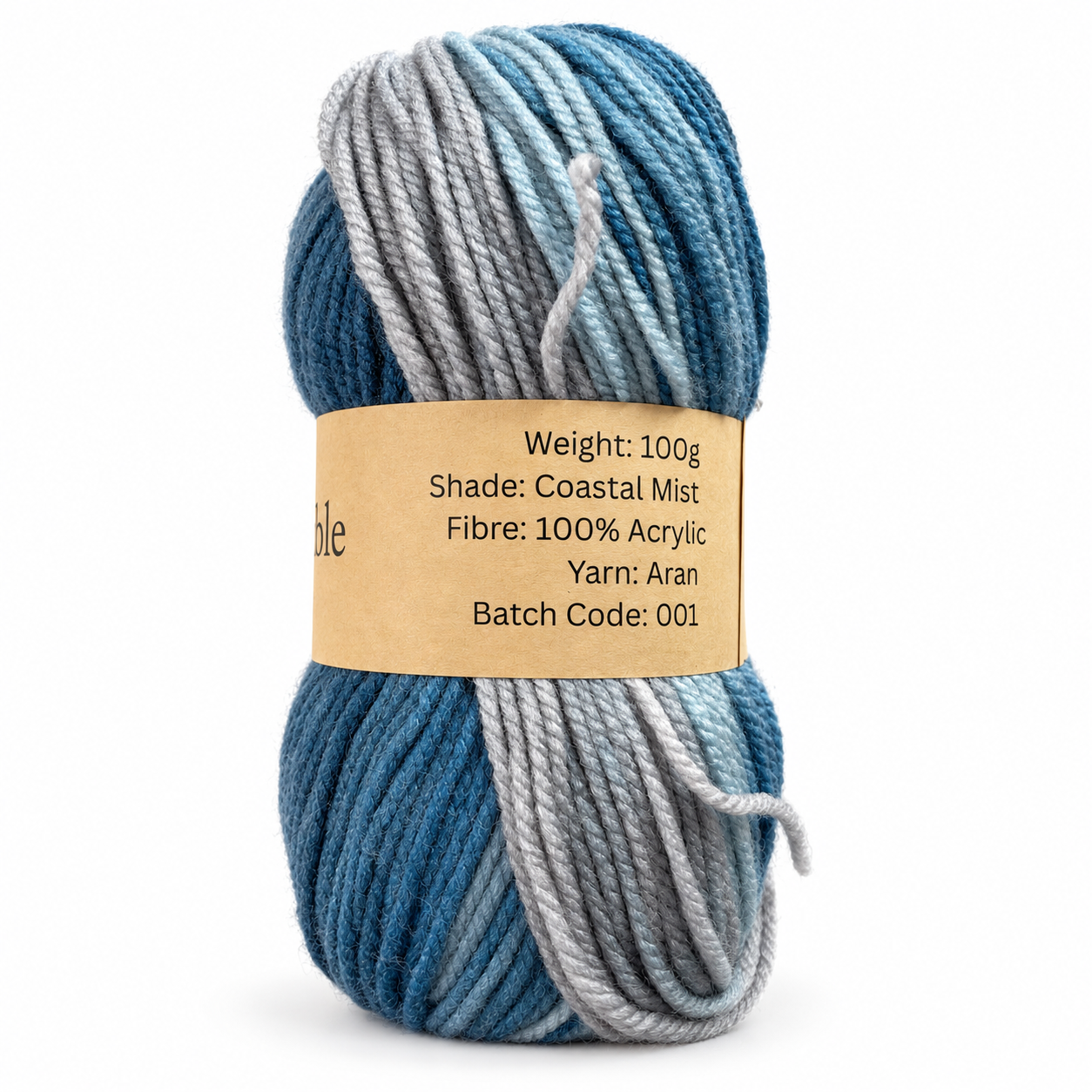 Back label of Coastal Mist Aran yarn showing 100g, 100% acrylic and batch code 001