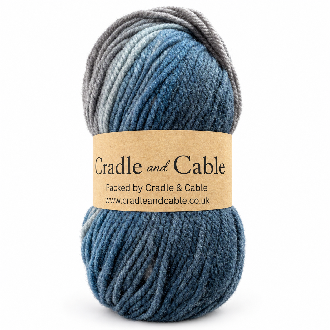 Coastal Mist Aran yarn in blue, pale blue and grey with Cradle and Cable label