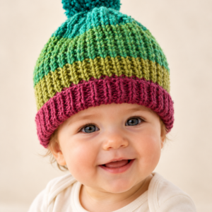 Image of a baby wearing the teal, green and berry-purple Heather Cove pom-pom beanie