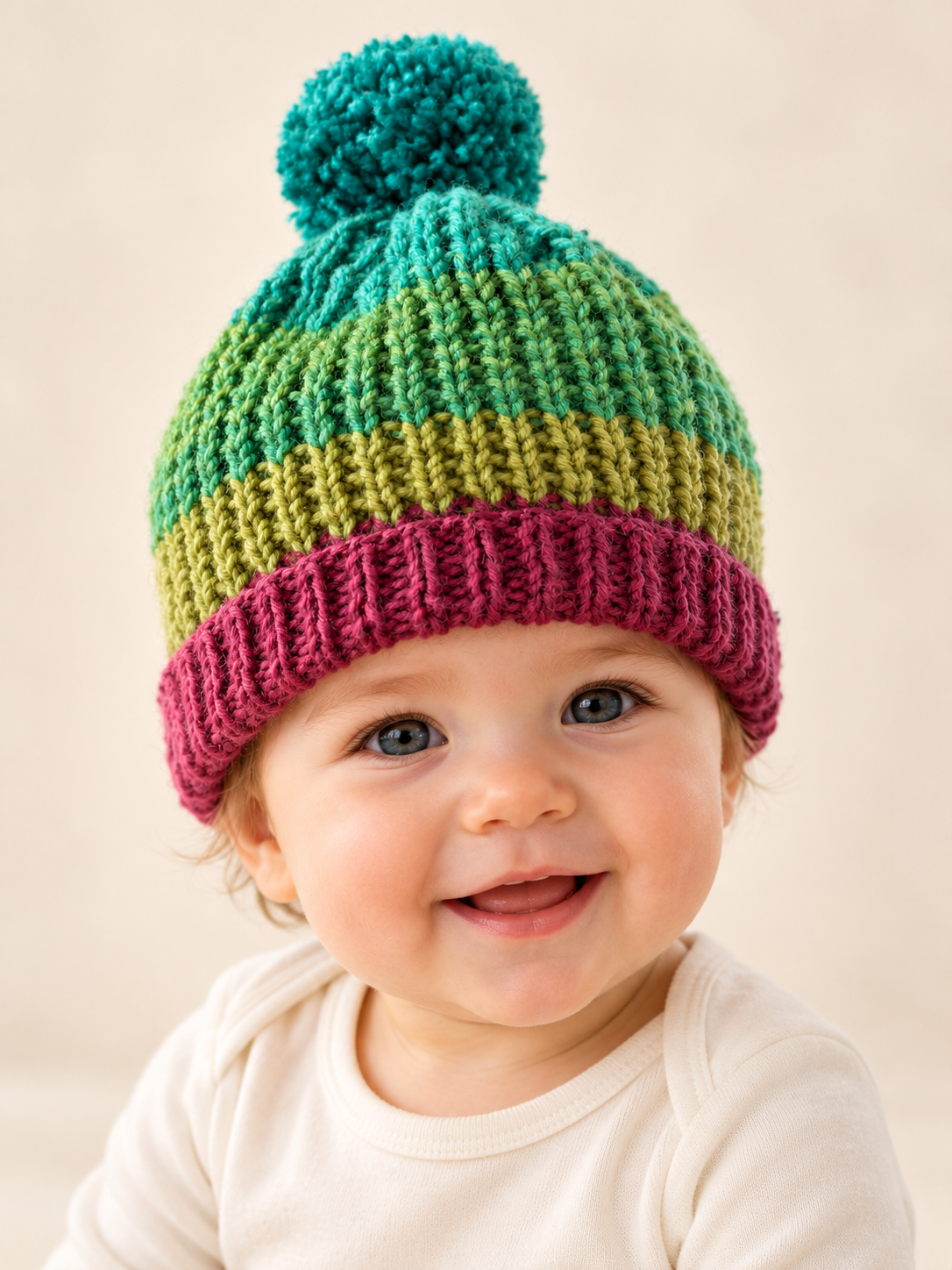 Image of a baby wearing the teal, green and berry-purple Heather Cove pom-pom beanie