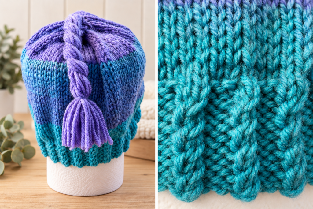 Hand knitted baby beanie – Twilight Braid