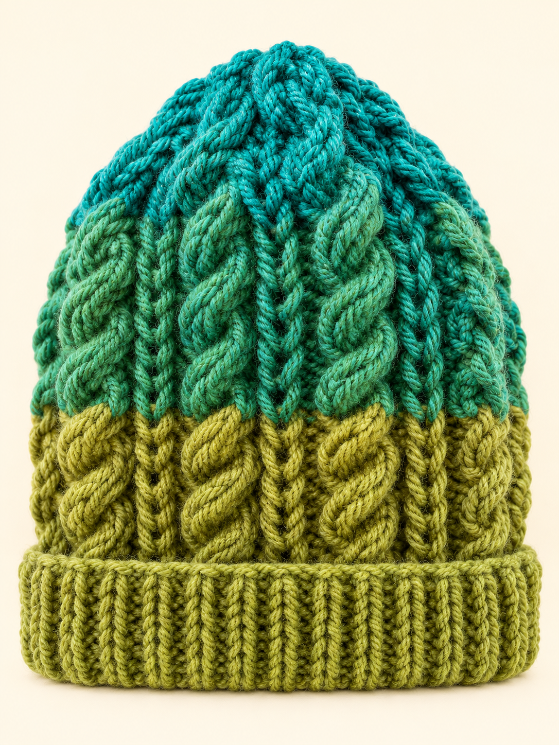 Woodland Tide – Hand Knitted Cable Beanie | Green & Turquoise - Image 2