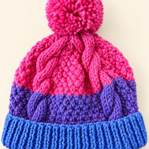 Childrens hand knitted beanie Berry Burst pink purple blue cable knit hat