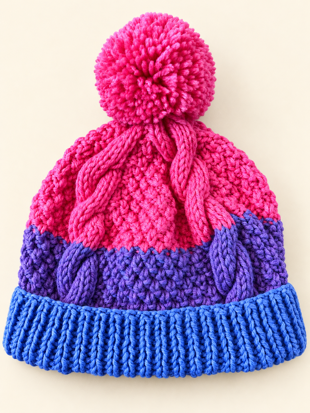 Childrens hand knitted beanie Berry Burst pink purple blue cable knit hat