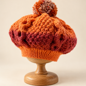 Hand knitted Autumn Ember baby cable knit beret in burnt orange and burgundy with multicoloured pompom, displayed on a wooden hat stand.