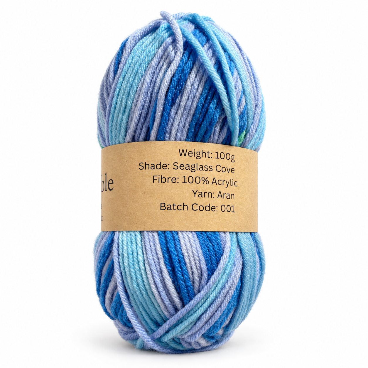 Seaglass Cove blue, aqua and lilac yarn with a kraft label showing 100g, 100% acrylic, Aran weight and batch code 001.
