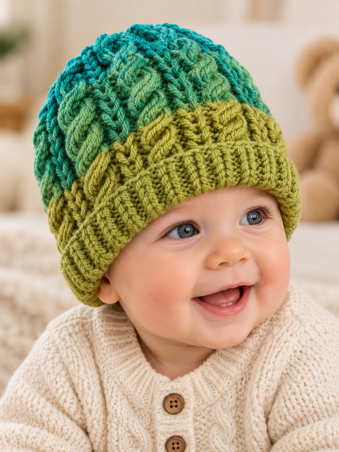 Woodland Tide – Hand Knitted Cable Beanie | Green & Turquoise - Image 3