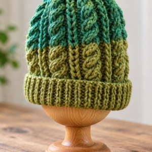 Hand knitted cable beanie hat in olive green, sea green and turquoise with a folded ribbed brim.