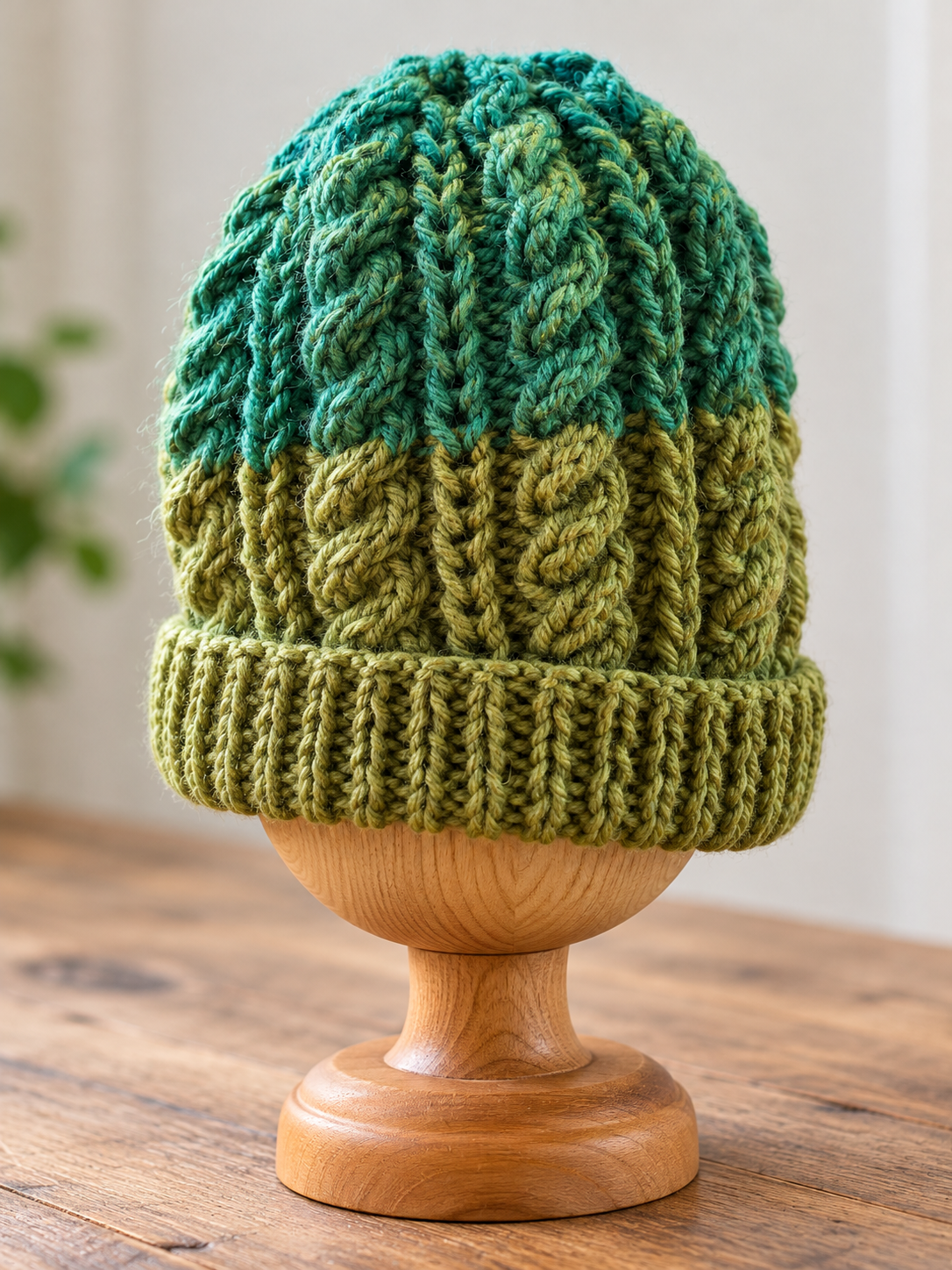 Hand knitted cable beanie hat in olive green, sea green and turquoise with a folded ribbed brim.
