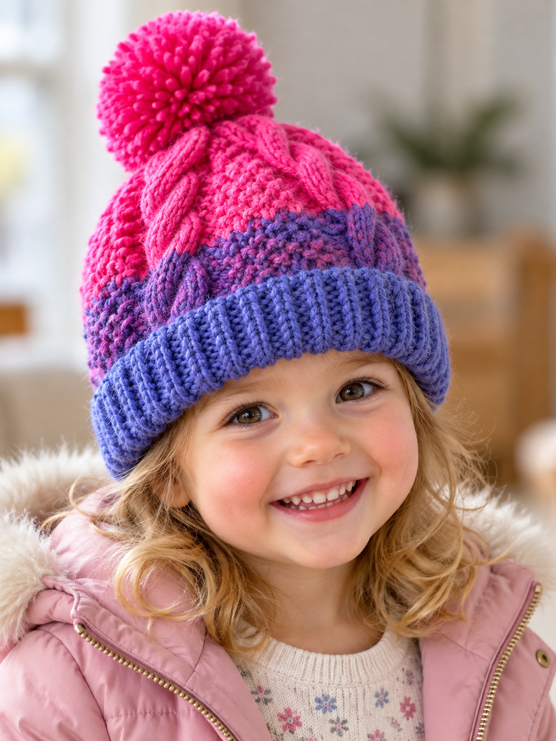 Berry Burst hand knitted cable beanie in pink purple and blue with pom pom